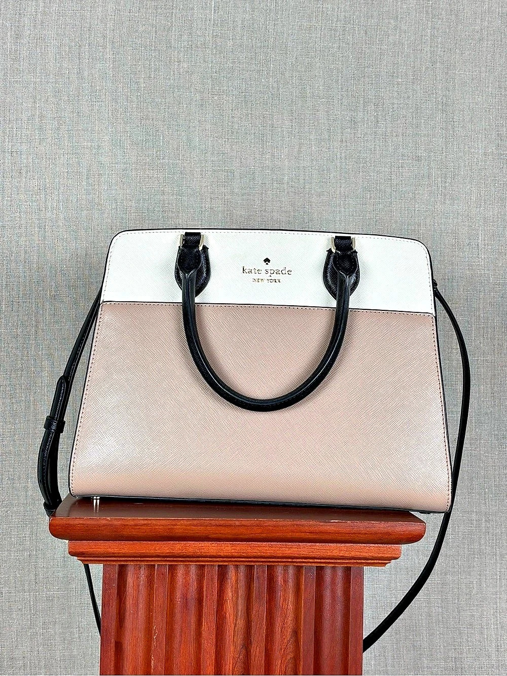 Kate Spade Colorblock Satchel Taupe Cream Black Shoulder Strap & Dust Bag